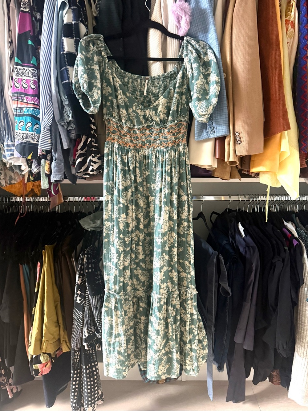 Free People Teal Floral Puff-Sleeve Maxi Dress